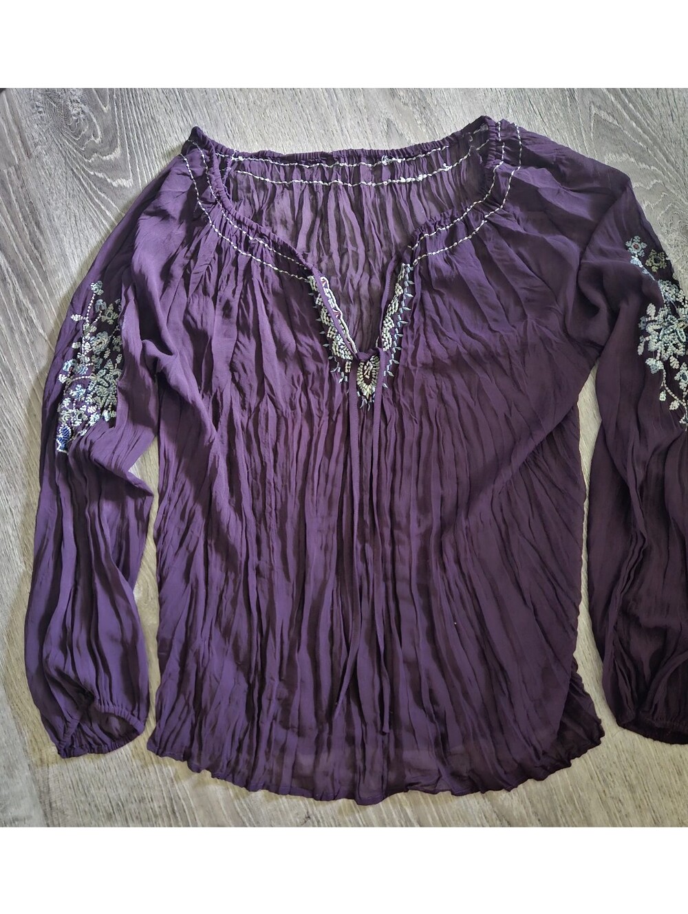 Boho Floral Embroidered Sheer Crinkle Top Deep Purple Peasant Blouse L